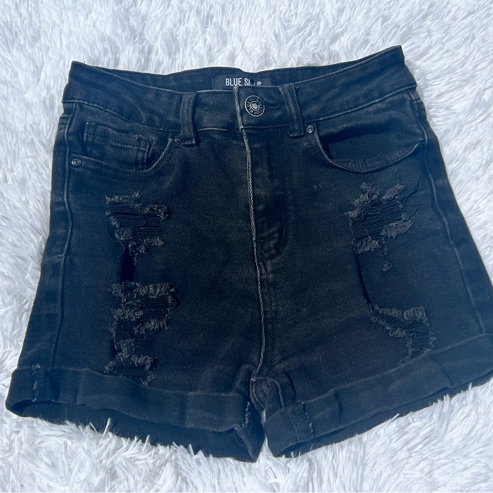 Blue Savvy Black Distressed High-Rise Stretch Denim Shorts